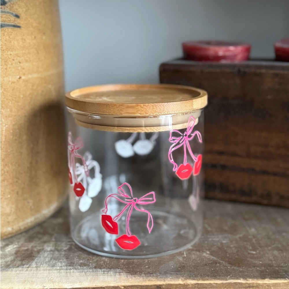 Valentines glass coffee container with kisses and bows and wood lid hand crafted
